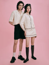 DVRK PRIVÉ POINTELLE KNITTED CARDIGAN & SKIRT SET - CREAM
