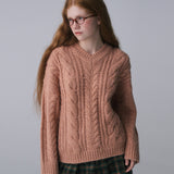 V-NECK CABLE KNIT PULLOVER, APRICOT