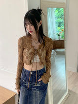 Sopop lace strap see-through flower cropped long-sleeved cardigan