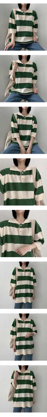 ムーンストライプボタンカラーニットウェア / Moon's Striped Button Collar Knitwear