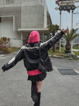 (UNISEX) ライニング配色キルティングレザージャケット