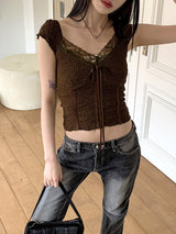 Camnes lace cut embossed cap sleeve short sleeve T-shirt