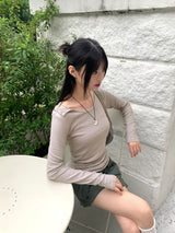 ヒートアンボタンオフショルダースナップトットボタンロングスリーブTシャツ