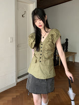 Blong V-Neck Shirring Pleated Puff Short-Sleeved Blouse