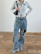 オルモストリブカラークロップジップアップ/Ulmost Rib Collar Crop Zip Up (4color)