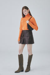 ビーガンレザースティッチミニスカート / Vegan Leather Stitch Mini Skirt [Brown]