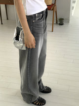 Bertie Gray Washed Stitch Long Wide Denim Pants