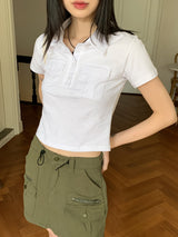 Moodle Pocket Color Matching Collar Short Sleeve T-shirt