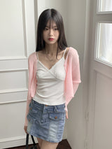 リーミングサマーシースルーワンボタンクロップ長袖カーディガン【6色】/[6 colors] Leoming summer see-through one-button cropped long-sleeved