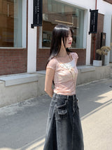 リワンピンクシースルーレースリボンスクエア半袖Tシャツ / Liwan Pink See-through Lace Ribbon Square Short Sleeve T-shirt