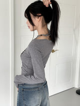 ホックビーズホルタートングプリント長袖Tシャツ / hook beaded halter thong print long sleeve t-shirt