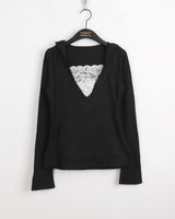 Rti Vintage V-neck Lace Hooded Long Sleeve T-shirt