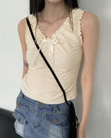 ワティラブリーシャーリングプリーツリボンVネックノースリーブ / Wati Lovely Shirring Pleated Ribbon V-Neck Sleeveless Sleeveless
