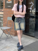 フリーンナイロンポケットストリングクロップ半袖ジップアップ / Frean nylon pocket string crop short-sleeved zip-up