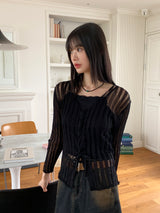 Raon see-through damage corset long sleeve crop knit