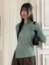 Eloui Pleats Unbalanced Slit Long-Sleeved T-shirt
