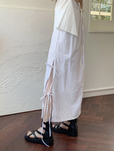 サイドリボンストラップ サイドリボンナイロンロングスカート /Loding side ribbon strap side-slit nylon long skirt