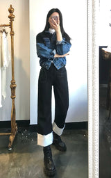 SEMI WIDE FIT BLACK+WHITE DENIM PANTS [17723]