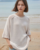 オーバーサイズ フィッシュネット ディテール SS スウェット / OVERSIZED FISHNET DETAIL SS SWEATER IVORY