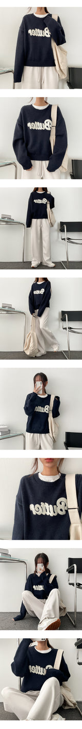 ウールボリューム刺繍バターニット