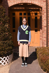 ライトグリーンCパッチvネックニットベストユニセックス / Light Green C Patch V-neck Navy Knitwear Vest