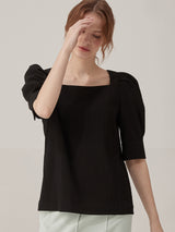 Square neck puff blouse - Black (6671615098998)