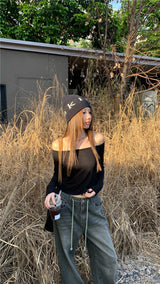 ブラックオフザショルダーバックレストップ