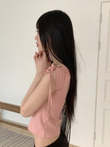 ショルダースリットリボンストラップクロップ半袖Tシャツ/Tino shoulder slit ribbon strap crop short sleeve T-shirt