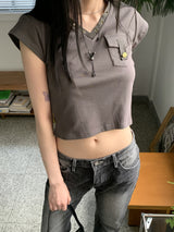 バフィービンテージVネックポケットカラー半袖Tシャツ / Buffy Vintage V-neck Pocket Collar Short Sleeve T-shirt