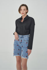 ストレートフィットチェリー刺繡クロップドデニムパンツ/ STRAIGHT FIT CHERRY EMBROIDERY CROPPED DENIM PANTS [6811]