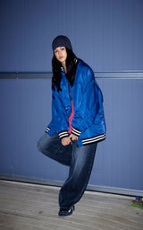  BOLD LOGO LONG VARSITY JACKET_BLUE