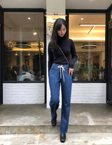 SEMI-WIDE FIT STRING POINT DARK DENIM PANTS [17708]