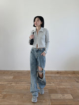 オルモストリブカラークロップジップアップ/Ulmost Rib Collar Crop Zip Up (4color)