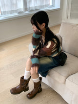 Rules angora fur color combination striped knit cardigan