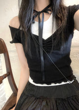 ロマンティックラブリーリボンチョーカーフリルリブドTシャツ