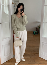 WT Cable V-neck Crop Knit (6color)