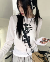 Fain lettering see-through linen long-sleeved T-shirt