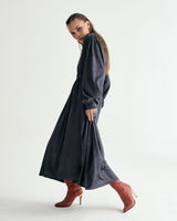 V-NECK CREASE SHIRRING ONEPIECE - DARK GRAY (6635995660406)