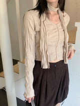 Tory V-neck Shirring Pleated Cropped Long-Sleeved T-shirt
