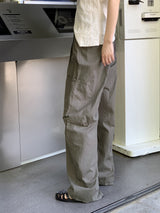 リウーストリングビッグポケットコットンロングワイドパンツ / Riwoo  String Big Pocket Cotton Long Wide Pants