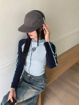 シマナグランストラップカラーコンビネーションクロップドフードTシャツ