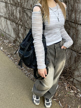 エスニックショルダースリットストライプTシャツ / Ethnic Shoulder Slit Stripe Tee