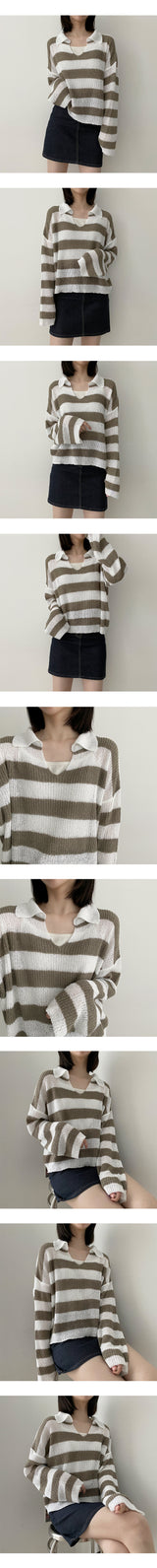 ヒティーブックルカラーストライプニットウェア / Hitty Bookle Collar Striped Knitwear