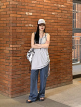 スクエアサイドストリングロングフードノースリーブシャツ / square side string long hooded sleeveless shirt