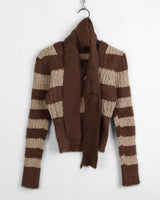 [Muffler set] Prina V-neck angora color combination striped crop long sleeve knit