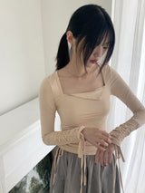 Pania Balletcore Shirring Pleated Strap Square Neck Cropped Long-Sleeved T-Shirt