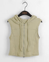 ワズスリムフィットワッフルツーウェイノースリーブベストクロップドフーディージップアップ / Waz Slim Fit Waffle Two-Way Sleeveless Vest Cropped Hoodie Zip-Up