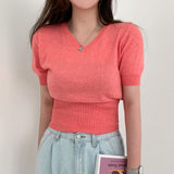 Short Sleeve V-Neck Knit Top