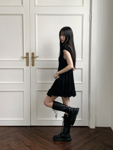 ウィロンシフォンキャップスリーブボタンプリーツフレアミニワンピース / Willon Chiffon Cap Sleeve Button Pleated Flare Mini One Piece