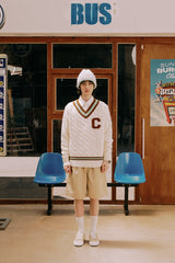 ブラウンCワッペン ミントラインVネックニット・アイボリー［ユニセックス］/ Brown C Patch Mint Line Ivory Unisex V-Neck 